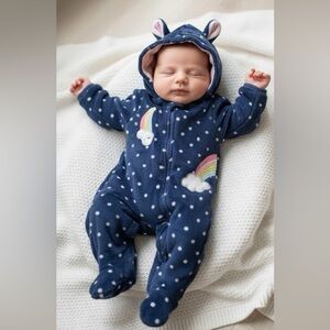Little Joy romper Baby 0/3M fleece hood zipper unicorn rainbow blue polka dots*